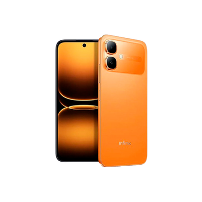 Orange Infinix Smart 20 smartphone showing front and back on a white background