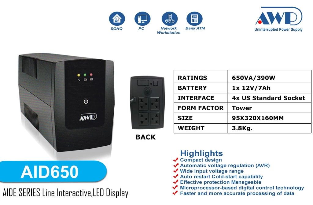 Awp Aid1500/2000 ups 1500VA/900W and 2000VA/1200W Line Interactive UPS